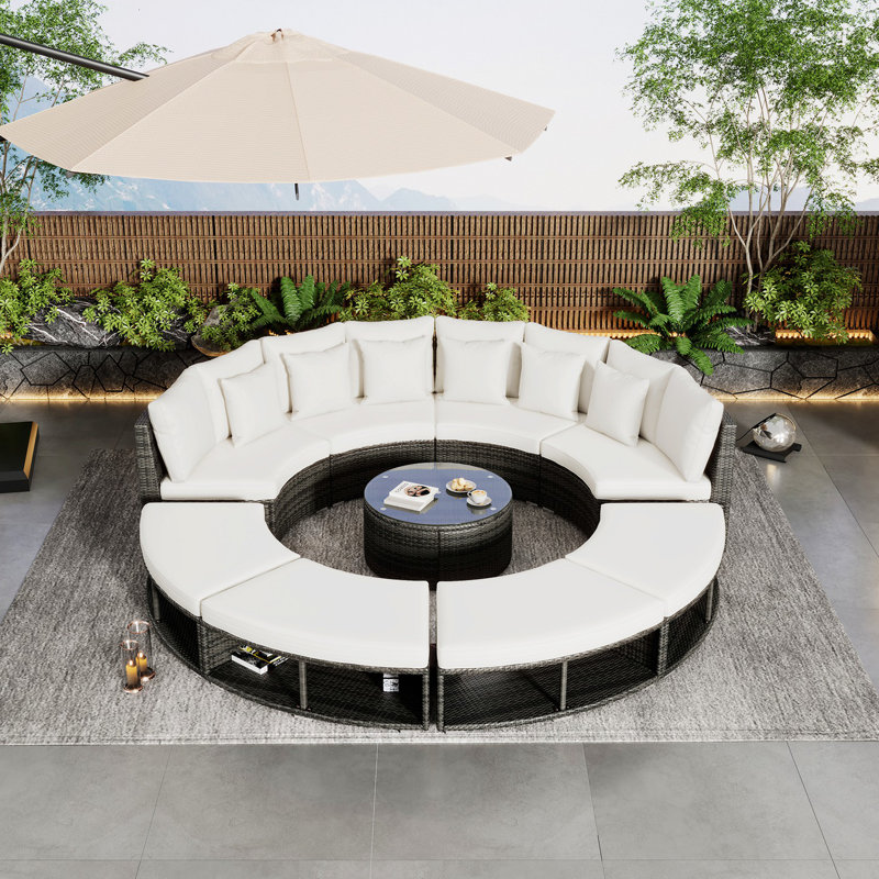 Latitude Run 9 piece Luxury Circular Outdoor Patio Furniture Set Rattan Wicker Sectional Sofa Lounge With Tempered Glass Coffee Table And 6 Pillows